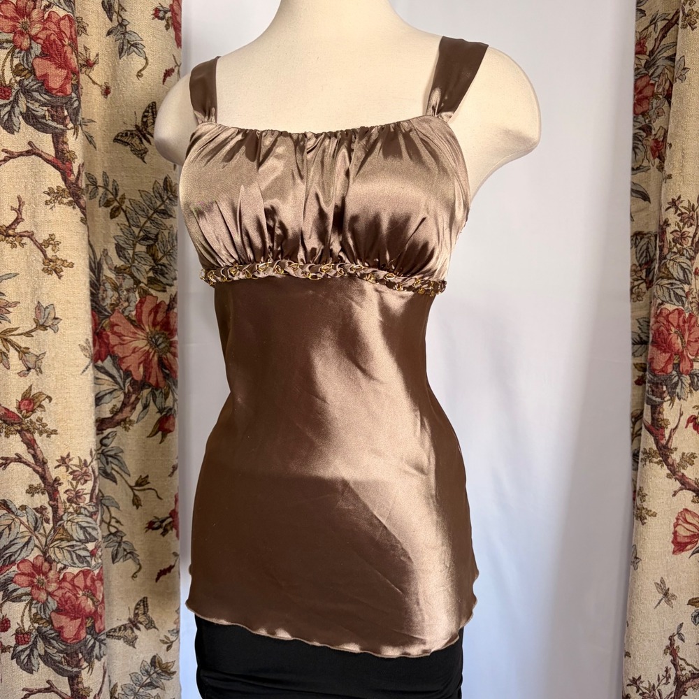 A BYER Gorgeous flowy Bronze Satin Camisole Top with Gold Chain Detail on bust
